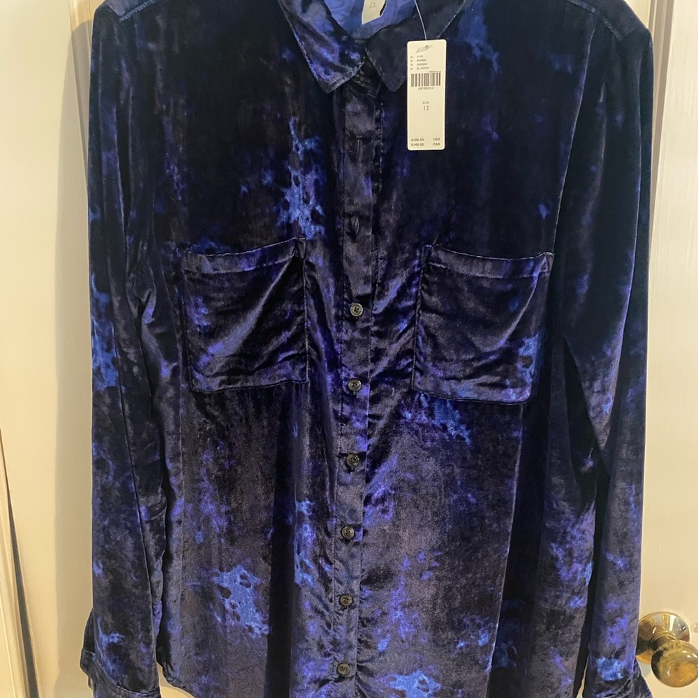 Velvet Button-Up Blouse - Midnight Blue
